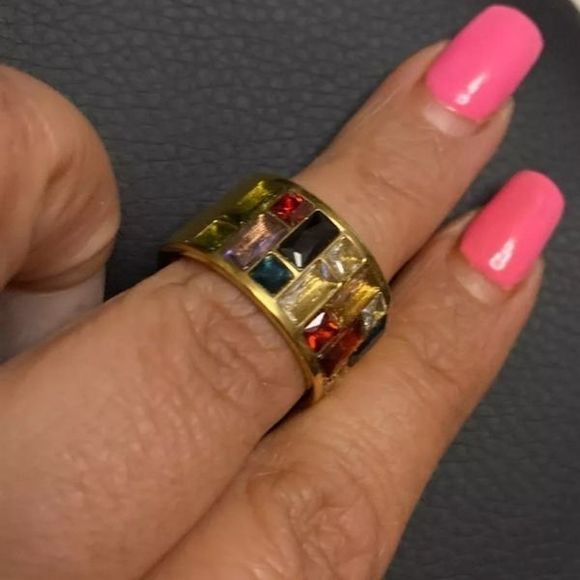 Gold solid titanium multi color Swarovski crystal boho ring sz 9 new - Picture 4 of 9
